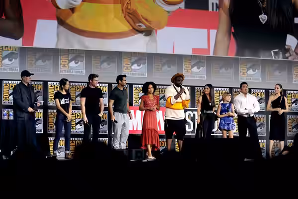 Kevin Feige, Chloe Zhao, Richard Madden, Kumail Nanjiani, Lauren Ridloff, Brian Tyree Henry, Salma Hayek, Lia McHugh, Don Lee and Angelina Jolie speaking at the (2019)