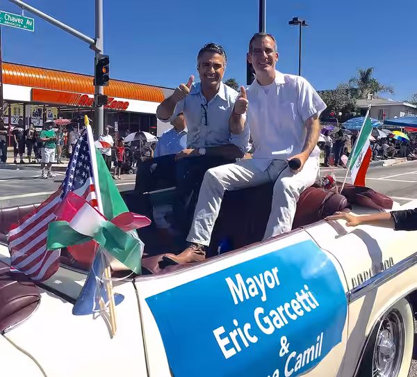 Mayor Garcetti and Jaime Camil at the 69th East LA Mexican Independence Day Parade and Festival.