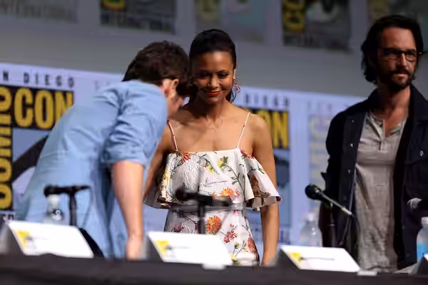 Jonathan Nolan, Thandie Newton &amp; Rodrigo Santoro speaking at the 2017 San Diego Comic Con International, for "Westworld", at the San Diego Convention Center