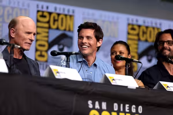 Ed Harris, James Marsden, Thandie Newton and Rodrigo Santoro speaking at the 2017 San Diego Comic Con International, for "Westworld", at the San Diego Conventio