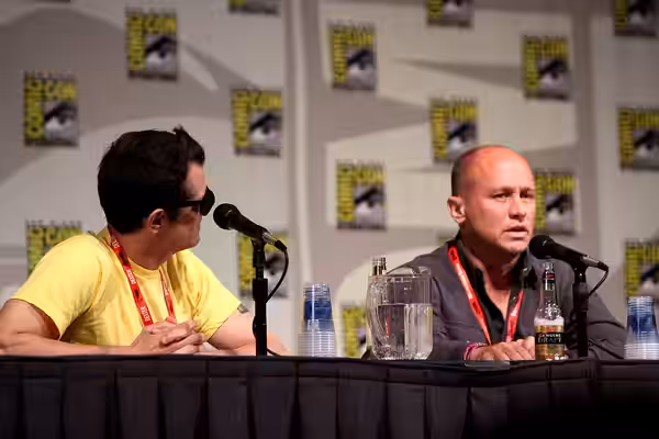 Johnny Knoxville and Mike Judge at the 2011 San Diego Comic-Con International in San Diego, California. Please attribute to Gage Skidmore if used elsewhere.