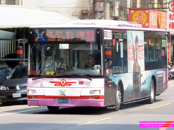 ​欣欣客運2012年台灣宇通ZK6128HG大客車593-FZ，行駛臺北市聯營公車羅斯福路幹線，左側貼電影《古墓奇兵》女主角艾莉西亞·薇坎德車體廣告。 (2018)