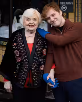 American actors June Squibb and Fred Hechinger entering the Egyptian Theatre in Park City for the premiere of the movie Thelma on January 19, 2024