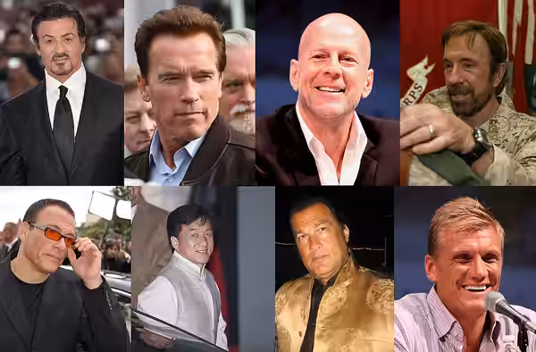 Fotomontaggio con alcuni attori d'azione della vecchia scuola: Sylvester Stallone - Arnold Schwarzenegger - Bruce Willis - Chuck Norris - Jean-Claude Van Damme  (2012)