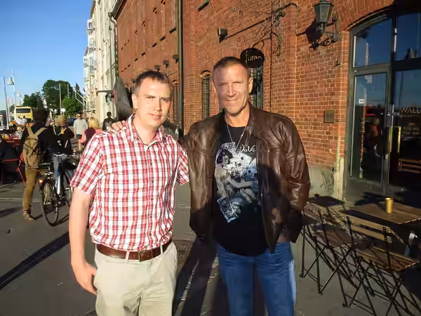 Don Bigileone and Renny Harlin in front of the karaoke bar Wallis in Helsinki, Finland on 28th of June 2017