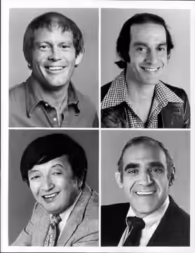 Photos of the supporting cast from the television program Barney Miller. Left top: Max Gail (Det. Stan "Wojo" Wojciehowicz), right top: Gregory Sierra (Sgt. Cha (1975)
