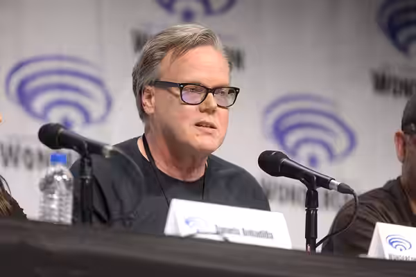 Bruce Timm speaking at the 2019 WonderCon, for "Justice League vs. the Fatal Five", at the Anaheim Convention Center in Anaheim, California. Please attribute to