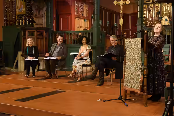 At Josephine Hart Foundation WB Yeats Poetry Hour at 2022 Chiswick Book Festival (l-r) Sinéad Cusack, Ciarán Hinds, Ruth Negga, Jeremy Irons and director Shevau
