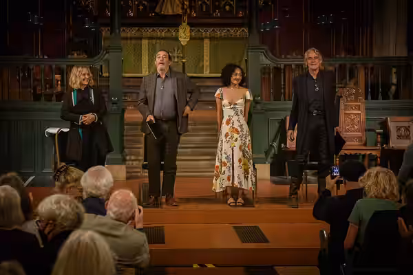 At Josephine Hart Foundation WB Yeats Poetry Hour at 2022 Chiswick Book Festival (l-r) Sinéad Cusack, Ciarán Hinds, Ruth Negga, Jeremy Irons.