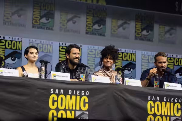 Brianna Hildebrand, Stefan Kapičić, Zazie Beetz and Ryan Reynolds speaking at the 2018 San Diego Comic Con International, for "Deadpool 2", at the San Diego Con