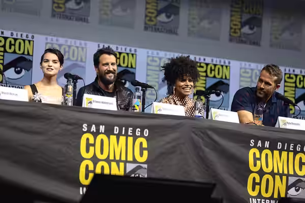 Brianna Hildebrand, Stefan Kapičić, Zazie Beetz and Ryan Reynolds speaking at the 2018 San Diego Comic Con International, for "Deadpool 2", at the San Diego Con