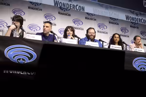 Joe Hill, Zachary Quinto, Ashleigh Cummings, Olafur Darri Olafsson, Jahkara Smith and Ebon Moss-Bachrach speaking at the 2019 WonderCon, for "NOS4A2", at the An