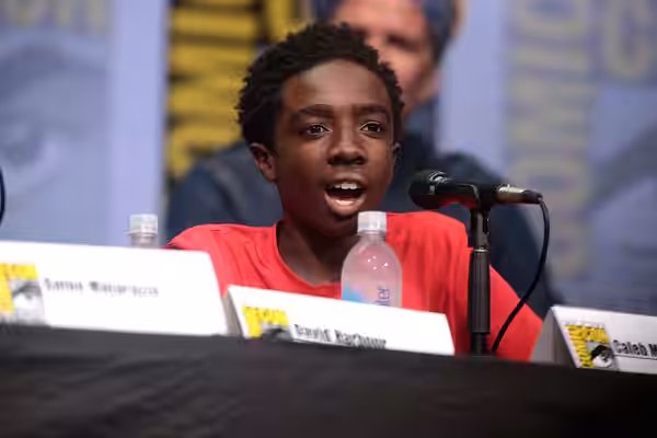Caleb McLaughlin speaking at the 2017 San Diego Comic Con International, for "Stranger Things", at the San Diego Convention Center in San Diego, California. Ple