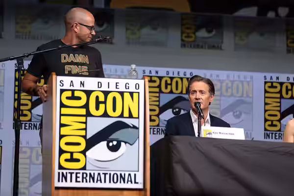 Damon Lindelof and Kyle MacLachlan speaking at the 2017 San Diego Comic Con International, for "Twin Peaks", at the San Diego Convention Center in San Diego, Ca