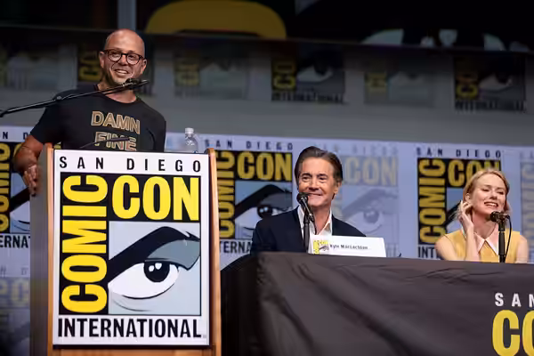 Damon Lindelof, Kyle MacLachlan and Naomi Watts speaking at the 2017 San Diego Comic Con International, for "Twin Peaks", at the San Diego Convention Center in 