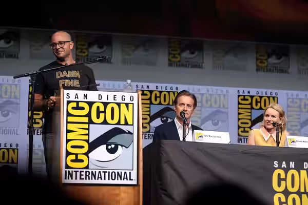 Damon Lindelof, Kyle MacLachlan and Naomi Watts speaking at the 2017 San Diego Comic Con International, for "Twin Peaks", at the San Diego Convention Center in 