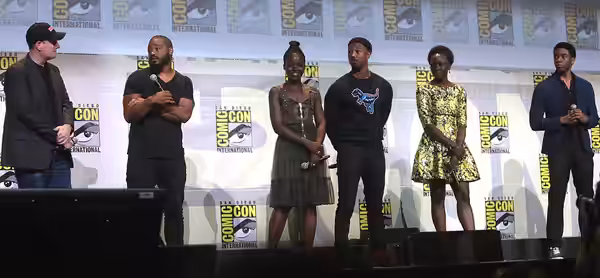 Kevin Feige, Ryan Coogler, Lupita Nyong'o, Michael B. Jordan, Danai Gurira and Chadwick Boseman speaking at the 2016 San Diego Comic-Con International, for "Bla