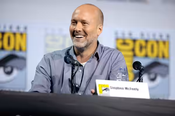 Stephen McFeely speaking at the 2019 San Diego Comic Con International, for "Writing Avengers: Endgame", at the San Diego Convention Center in San Diego, Califo