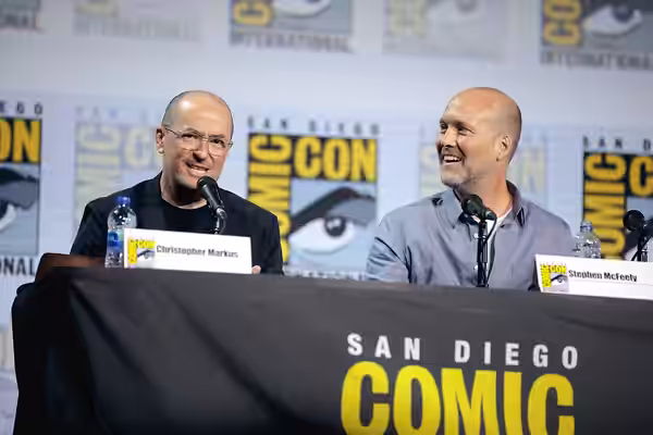 Christopher Markus and Stephen McFeely speaking at the 2019 San Diego Comic Con International, for "Writing Avengers: Endgame", at the San Diego Convention Cent