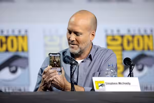 Stephen McFeely speaking at the 2019 San Diego Comic Con International, for "Writing Avengers: Endgame", at the San Diego Convention Center in San Diego, Califo
