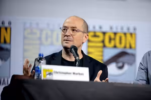 Christopher Markus speaking at the 2019 San Diego Comic Con International, for "Writing Avengers: Endgame", at the San Diego Convention Center in San Diego, Cal