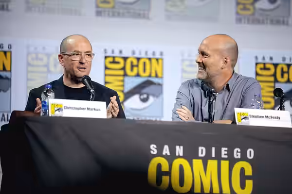 Christopher Markus and Stephen McFeely speaking at the 2019 San Diego Comic Con International, for "Writing Avengers: Endgame", at the San Diego Convention Cent