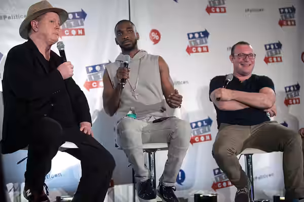 Darrell Hammond, Jay Pharoah and James Adomian speaking at the 2016 Politicon at the Pasadena Convention Center in Pasadena, California. Please attribute to Gag