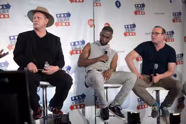 Darrell Hammond, Jay Pharoah and James Adomian speaking at the 2016 Politicon at the Pasadena Convention Center in Pasadena, California. Please attribute to Gag