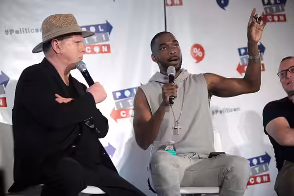 Darrell Hammond and Jay Pharoah speaking at the 2016 Politicon at the Pasadena Convention Center in Pasadena, California. Please attribute to Gage Skidmore if u