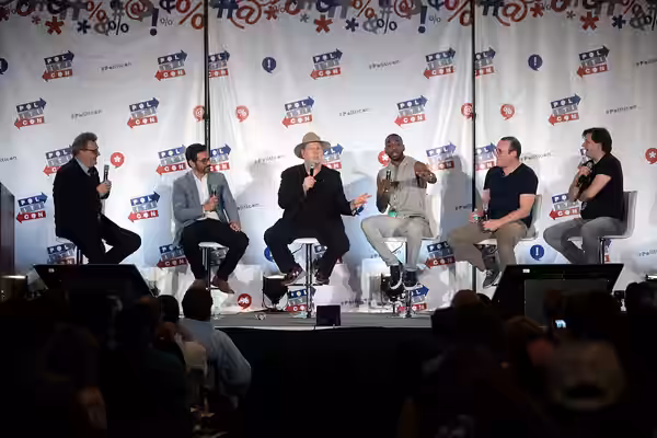 Greg Proops, Al Madrigal, Darrell Hammond, Jay Pharoah, James Adomian and Anthony Atamanuik speaking at the 2016 Politicon at the Pasadena Convention Center in 