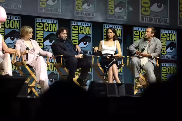 Alison Sudol, Dan Fogler, Katherine Waterston and Jude Law speaking at the 2018 San Diego Comic Con International, for "Fantastic Beasts: The Crimes of Grindelw