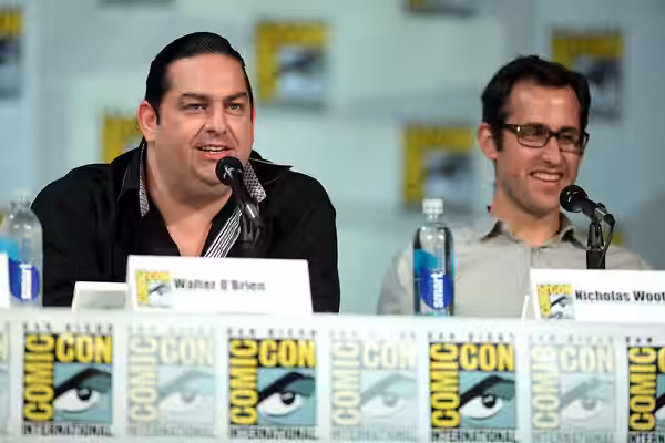Walter O'Brien and Nicholas Wootton speaking at the 2014 San Diego Comic Con International, for "Scorpion", at the San Diego Convention Center in San Diego, Cal