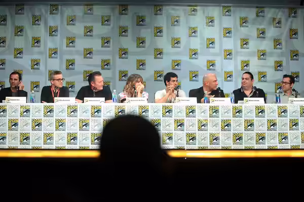Roberto Orci, Alex Kurtzman, Robert Patrick, Katharine McPhee, Elyes Gabel, Nick Santora, Walter O'Brien and Nicholas Wootton speaking at the 2014 San Diego Com