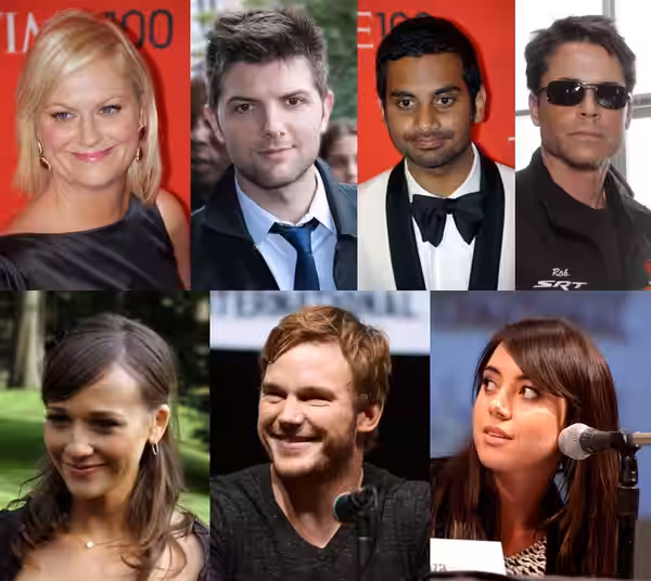 Members of the regular cast of the American comedy television series Parks and Recreation including (left to right, starting with the top row) Amy Poehler, Adam