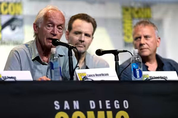 Lance Henriksen, Michael Biehn and Paul Reiser speaking at the 2016 San Diego Comic Con International, for "Aliens: 30th Anniversary", at the San Diego Conventi