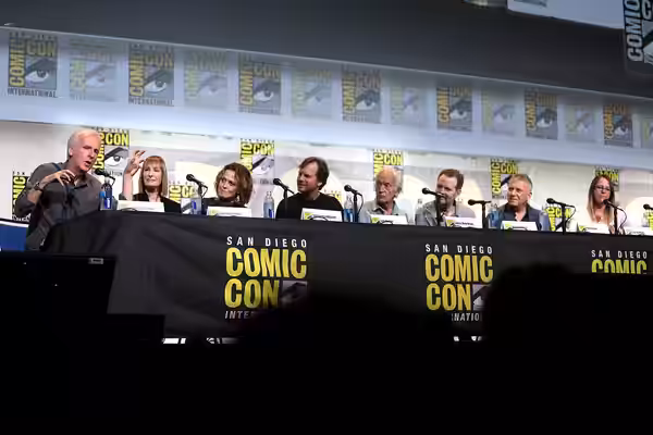 James Cameron, Gale Anne Hurd, Sigourney Weaver, Bill Paxton, Lance Henriksen, Michael Biehn, Paul Reiser and Carrie Henn speaking at the 2016 San Diego Comic C