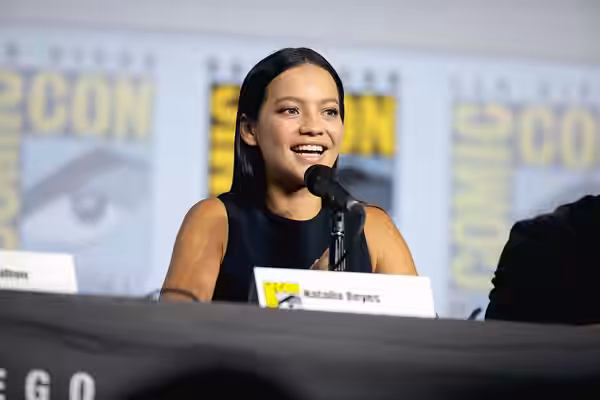 Natalia Reyes speaking at the 2019 San Diego Comic Con International, for "Terminator: Dark Fate", at the San Diego Convention Center in San Diego, California. 