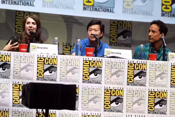 Alison Brie, Ken Jeong and Danny Pudi speaking at the 2013 San Diego Comic Con International, for "Community", at the San Diego Convention Center in San Diego, 