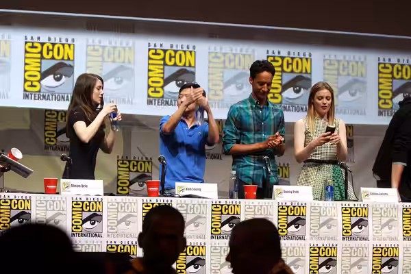 Alison Brie, Ken Jeong, Danny Pudi and Gillian Jacobs speaking at the 2013 San Diego Comic Con International, for "Community", at the San Diego Convention Cente