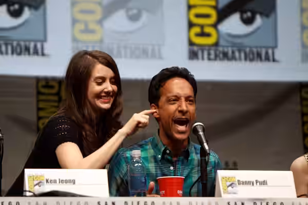 Alison Brie and Danny Pudi speaking at the 2013 San Diego Comic Con International, for "Community", at the San Diego Convention Center in San Diego, California.