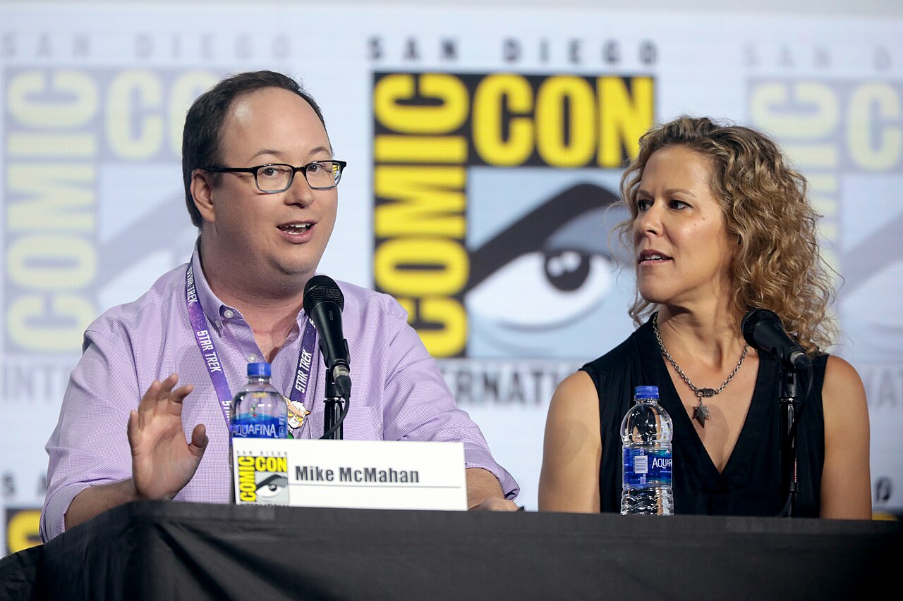 Mike McMahan and Heather Kadin speaking at the 2019 San Diego Comic Con International, for "Star Trek: Lower Decks", at the San Diego Convention Center in San D