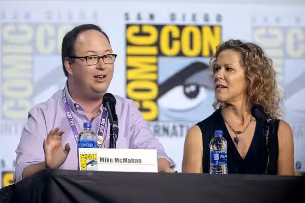 Mike McMahan and Heather Kadin speaking at the 2019 San Diego Comic Con International, for "Star Trek: Lower Decks", at the San Diego Convention Center in San D