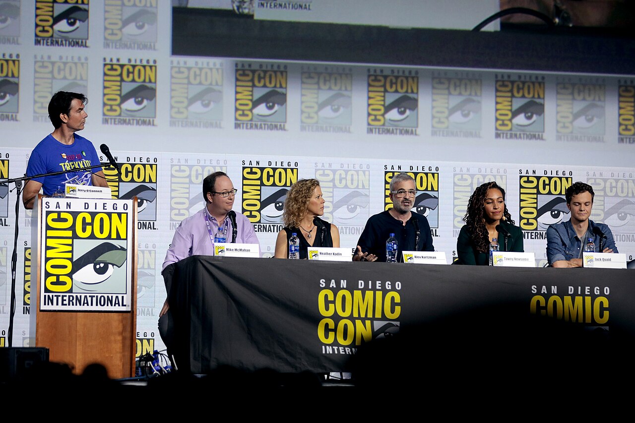 Jerry O'Connell, Mike McMahan, Heather Kadin, Alex Kurtzman, Tawny Newsome and Jack Quaid speaking at the 2019 San Diego Comic Con International, for "Star Trek