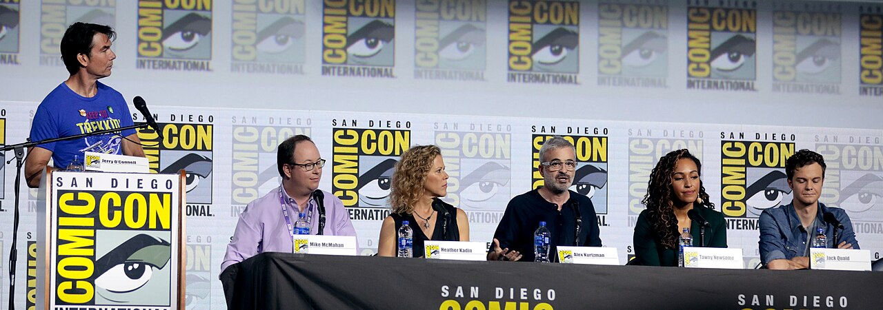 Jerry O'Connell, Mike McMahan, Heather Kadin, Alex Kurtzman, Tawny Newsome and Jack Quaid speaking at the 2019 San Diego Comic Con International, for "Star Trek
