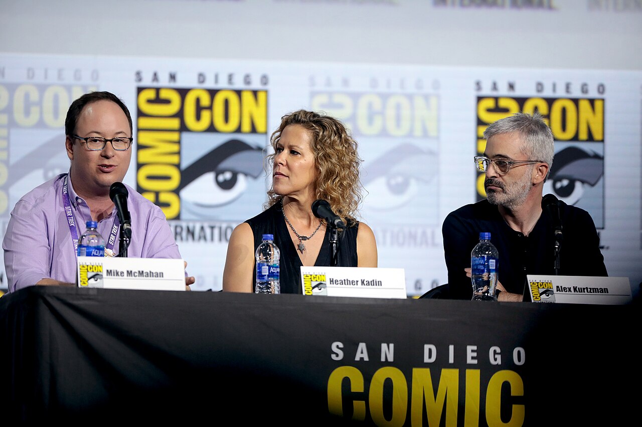 Mike McMahan, Heather Kadin and Alex Kurtzman speaking at the 2019 San Diego Comic Con International, for "Star Trek: Lower Decks", at the San Diego Convention 