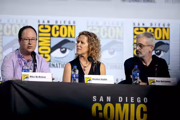 Mike McMahan, Heather Kadin and Alex Kurtzman speaking at the 2019 San Diego Comic Con International, for "Star Trek: Lower Decks", at the San Diego Convention 