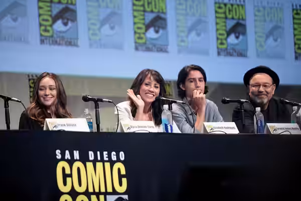 Alycia Debnam-Carey, Elizabeth Rodriguez, Lorenzo James Henrie and Ruben Blades speaking at the 2015 San Diego Comic Con International, for "Fear the Walking De