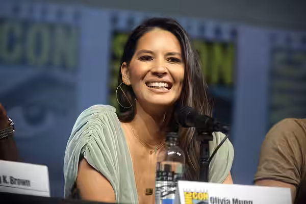 Olivia Munn speaking at the 2018 San Diego Comic Con International, for "The Predator", at the San Diego Convention Center in San Diego, California. Please attr
