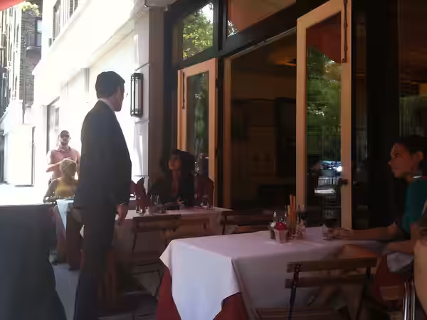 Actors Matthew Bomer and Eliza Dushku, at 10 Downing, a restaurant in Manhattan's West Village, during the June 7, 2011 filming of "On the Fence", the ninth epi