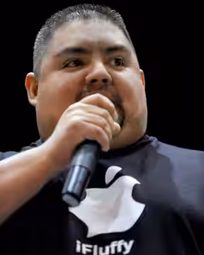 Comedian Gabriel Iglesias performs during a visit to Kunsan Air Base, Korea, Nov. 12, 2008. Iglesias is with a USO group traveling with Vice Chairman of the Joi